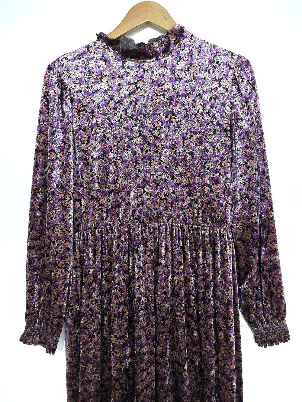 Vintage Purple Velvet Floral Maxi Dress Ruffle Mock Neck Ren Fair Whimsigoth M - Picture 7 of 9